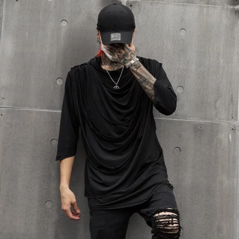 Men ripped tassels irregular design DJ singer punk rock hip hop t shirt stage costume men's gothic half sleeve hooded tees tops
Men ripped tassels irregular design DJ singer punk rock hip hop t shirt stage costume men's gothic half sleeve hooded tees tops