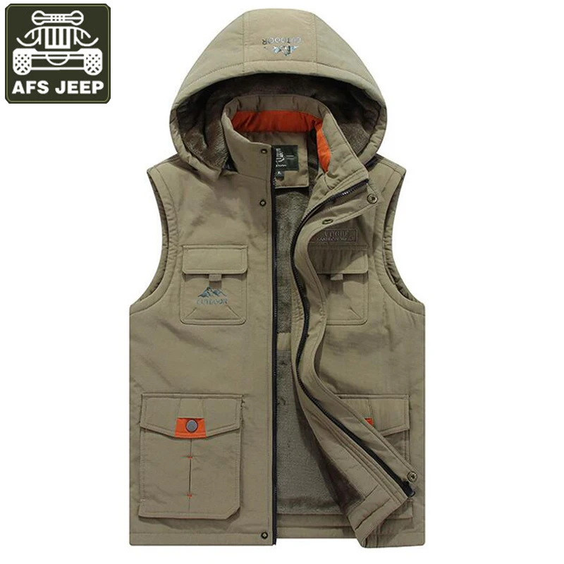 

AFS JEEP Brand Vest Men Winter Warm Vest Coat Fleece Inside Mens Warm Vest Hooded Collar Multi-pocket Waistcoat Colete Masculino