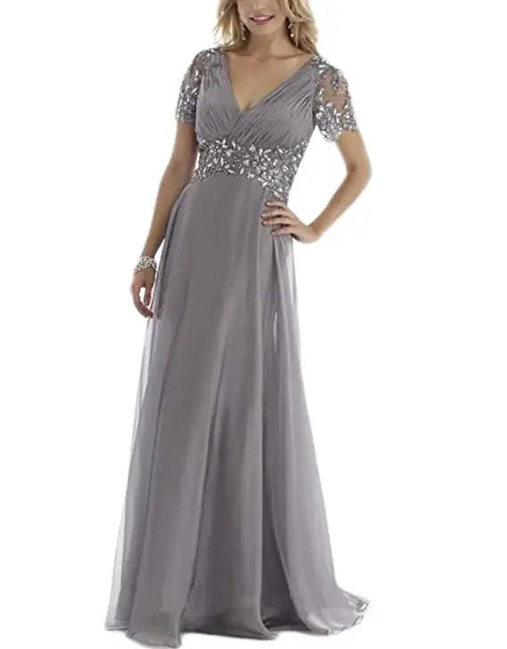 2019 Women's Chiffon Pleats Ruffles Short Sleeves A Line Crystal Mother Of The Bride Dress Long Vestidos De Fiesta De Noche 
2019 Women's Chiffon Pleats Ruffles Short Sleeves A Line Crystal Mother Of The Bride Dress Long Vestidos De Fiesta De Noche