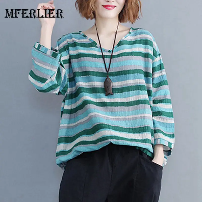 Mferlier Women Blouses V Neck Nine Quarter Sleeve Lace Up Hem Colorful Striped Pattern Autumn Casual Ladies Blouses
Mferlier Women Blouses V Neck Nine Quarter Sleeve Lace Up Hem Colorful Striped Pattern Autumn Casual Ladies Blouses