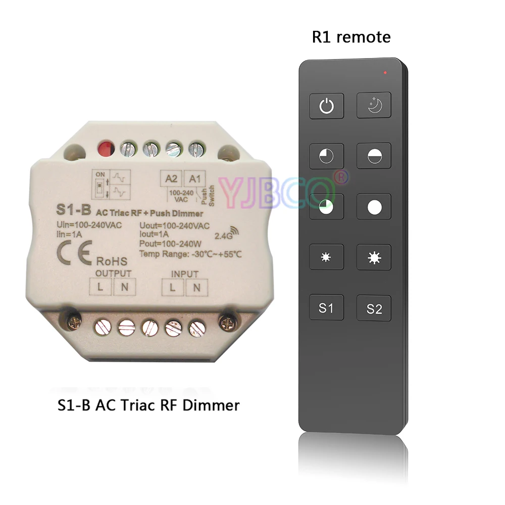 S1-B 2.4GHz RF Wireless Remote R1 100-240VAC Input voltage;Output 100-240VAC 1A Push Dimmer Switch Led Triac Dimmer Controller
S1-B 2.4GHz RF Wireless Remote R1 100-240VAC Input voltage;Output 100-240VAC 1A Push Dimmer Switch Led Triac Dimmer Controller