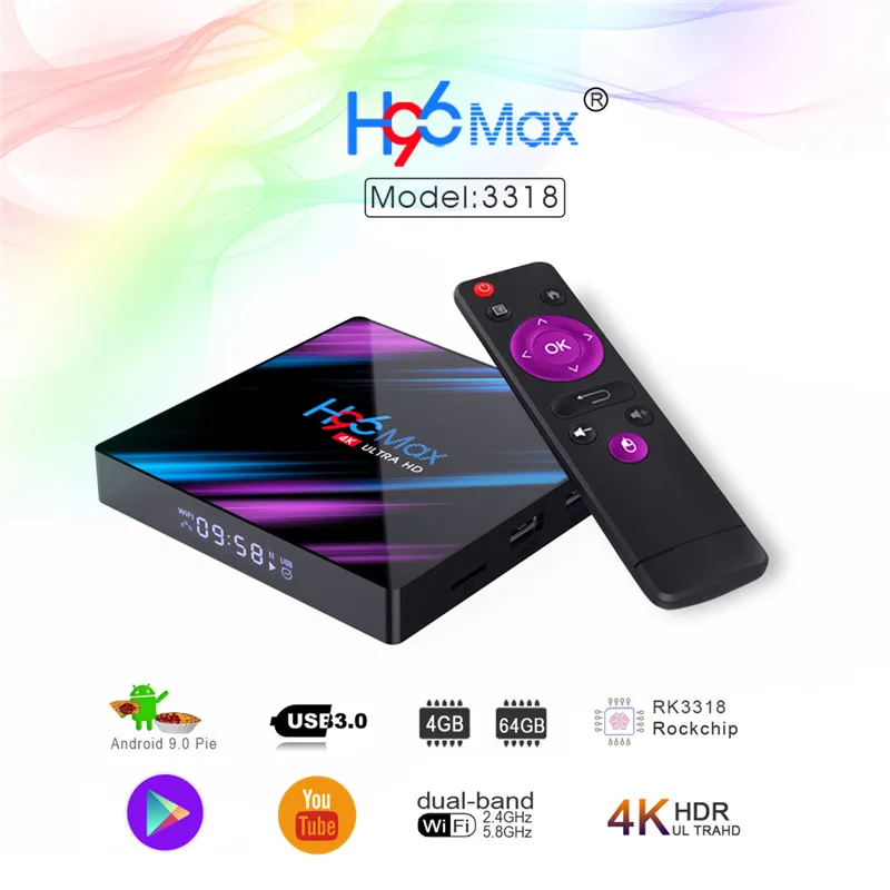 Android TV Box H96 MAX Smart TV Bluetooth Set Top Box RK3318 Android 9.0 Quad Core 4G+64G Double Wifi 4K Media Player TV Box
Android TV Box H96 MAX Smart TV Bluetooth Set Top Box RK3318 Android 9.0 Quad Core 4G+64G Double Wifi 4K Media Player TV Box