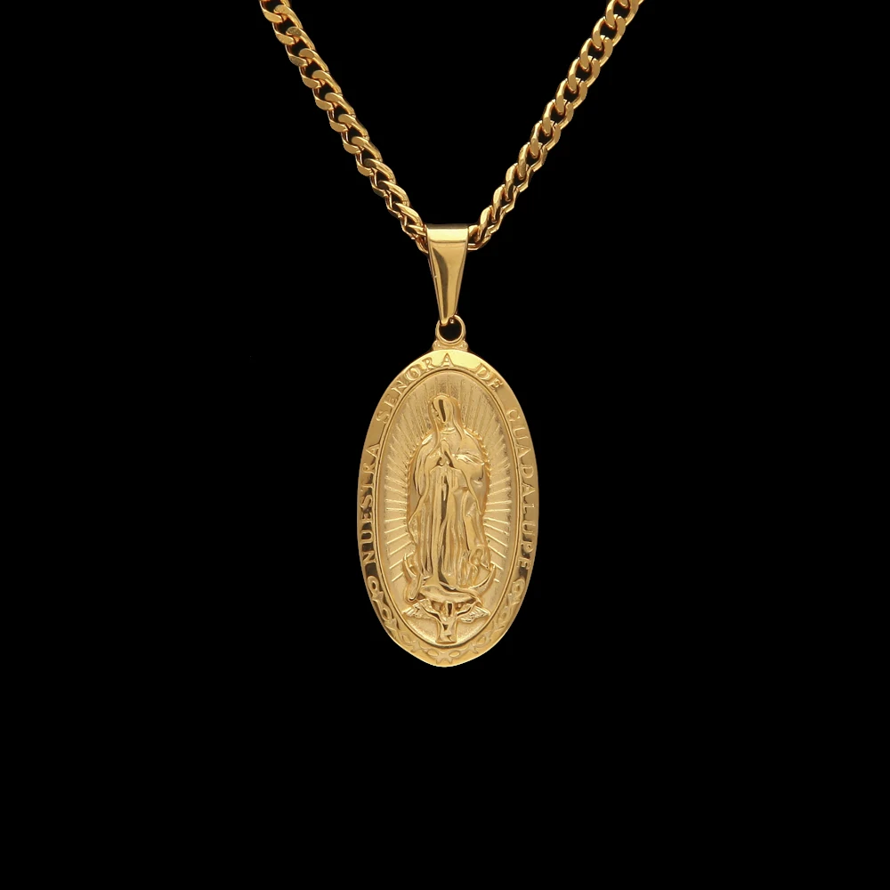 Virgen De Guadalupe Oval Medal Our Lady of Guadalaupe Medal Gold Stainless Steel with 18 inch Chain Virgen De Guadalupe Oval Medal Our Lady of Guadalaupe Medal Gold Stainless Steel with 18 inch Chain