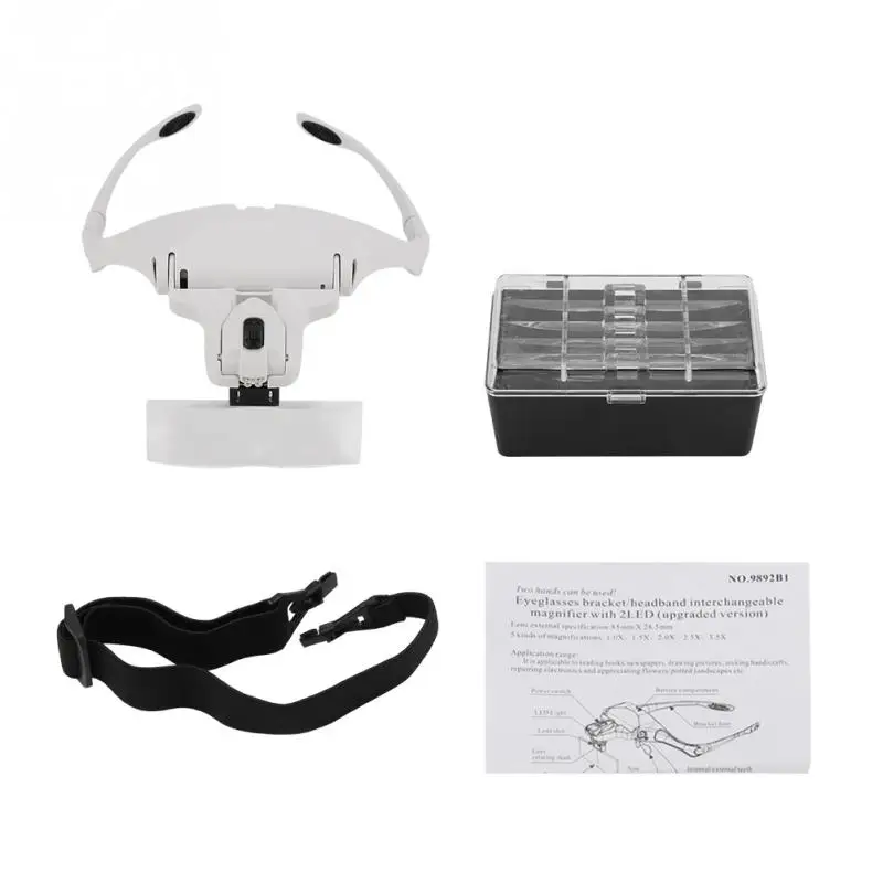 Adjustable Hands Free Eyeglasses Bracket Magnifier with 5 Pcs Lenses Headband 2 LED Head Lights
Adjustable Hands Free Eyeglasses Bracket Magnifier with 5 Pcs Lenses Headband 2 LED Head Lights