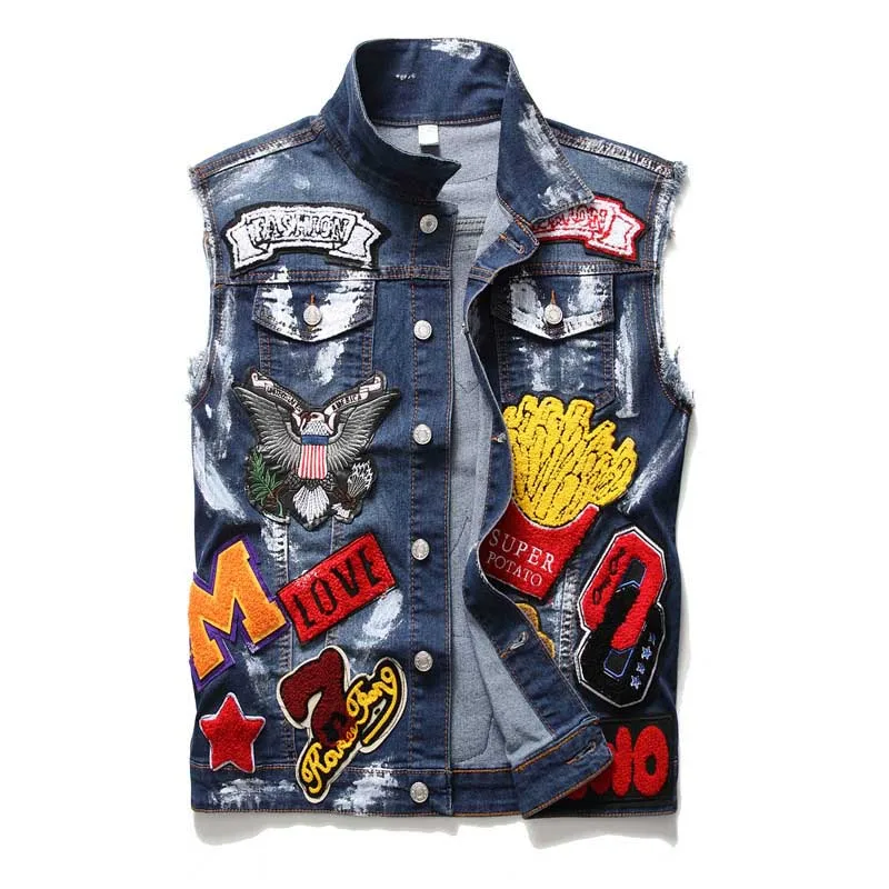 Mcikkny New Fashion Men's Embroidery Denim Vest With Patches Slim Fit Sleeves Jeans Jackets For Male Waistcoats Size M-3XL (10)