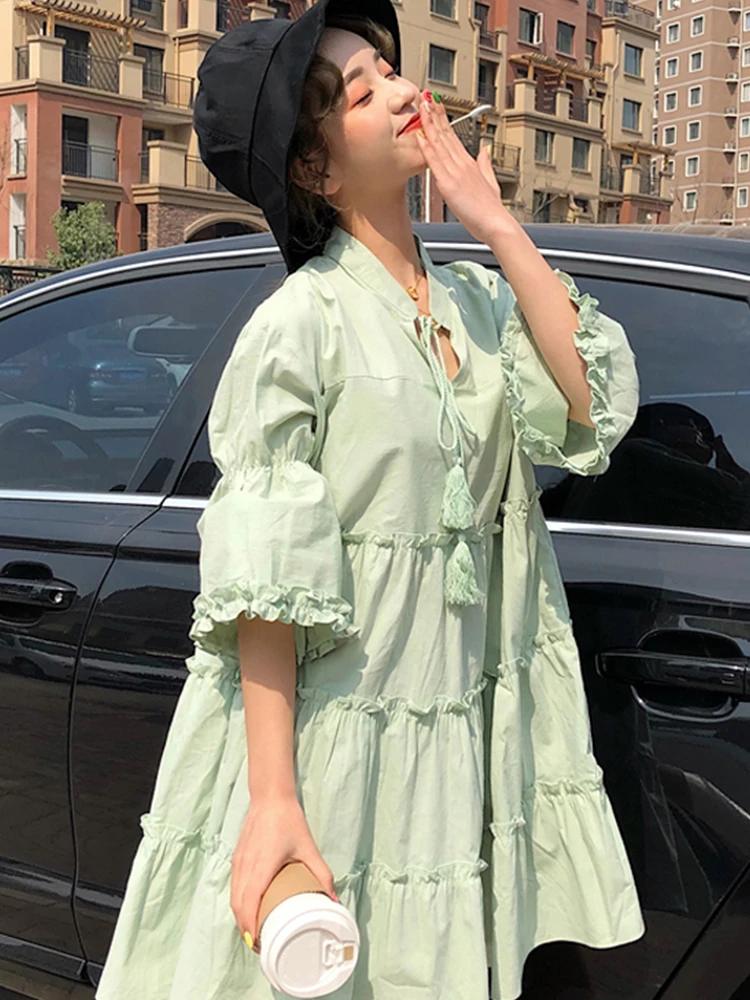Sweetie Lady Vocation Loose Dress Cake Style Ruched Flare Sleeve Dress Short Robe Femme Vestido Mujer Vestiti Donna
Sweetie Lady Vocation Loose Dress Cake Style Ruched Flare Sleeve Dress Short Robe Femme Vestido Mujer Vestiti Donna