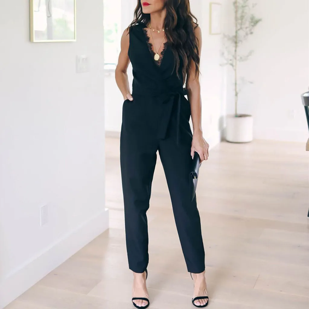 2019 summer sexy Female Women Pocket black Lace V Neck Sleeveless Rompers Jumpsuit Playsuit Piece Trousers Elegant slim
2019 summer sexy Female Women Pocket black Lace V Neck Sleeveless Rompers Jumpsuit Playsuit Piece Trousers Elegant slim