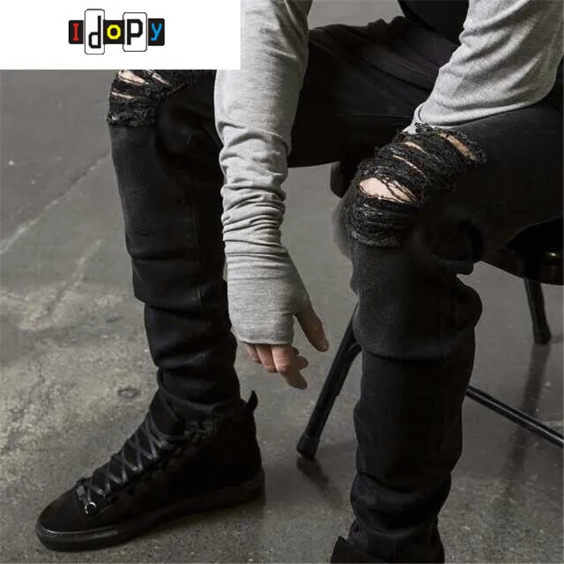 

Swag Mens Designer Brand Black Jeans Skinny Ripped Destroyed Stretch Slim Fit Hop Hop Pants With Holes For Men