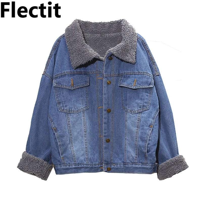 Женская джинсовая куртка Flectit Повседневная теплая большого размера с подкладкой