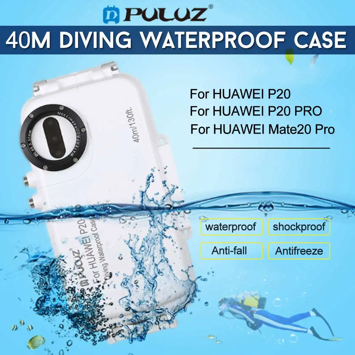 

3 Color PULUZ For HUAWEI P20 P20 PRO Mate20 pro 40m/130ft Underwater Diving Phone Protective Case Surfing Snorkeling Video Cover