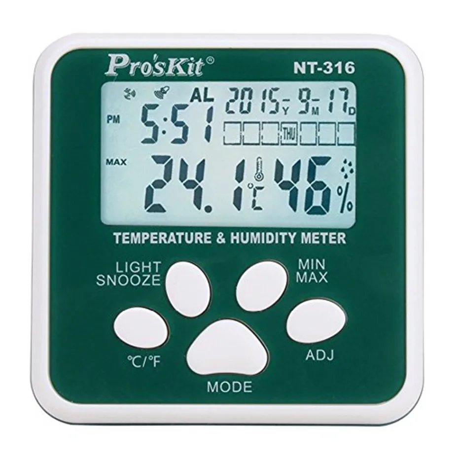 Original Pro'skit NT-316 Multifunction Digital Hygrometer Indoor Electronic Thermometer with Alarm Clock and Calendar
Original Pro'skit NT-316 Multifunction Digital Hygrometer Indoor Electronic Thermometer with Alarm Clock and Calendar