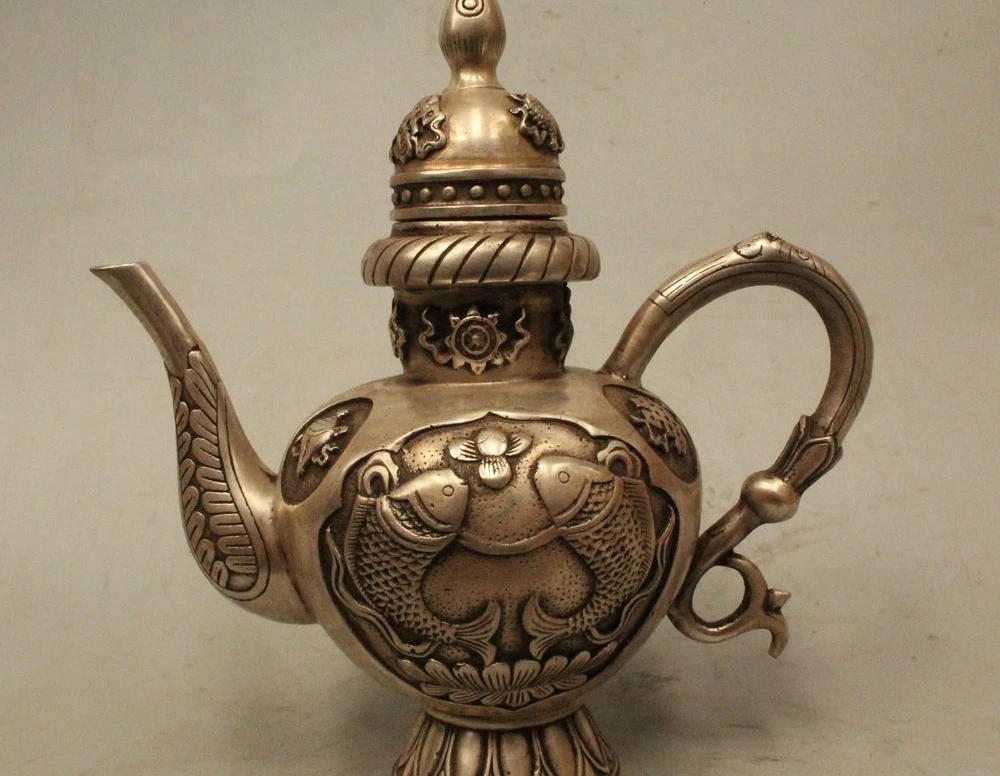 9" Marked Chinese Dynasty Silver 8 treasure cyprinoid Statue Wine Pot Flagon