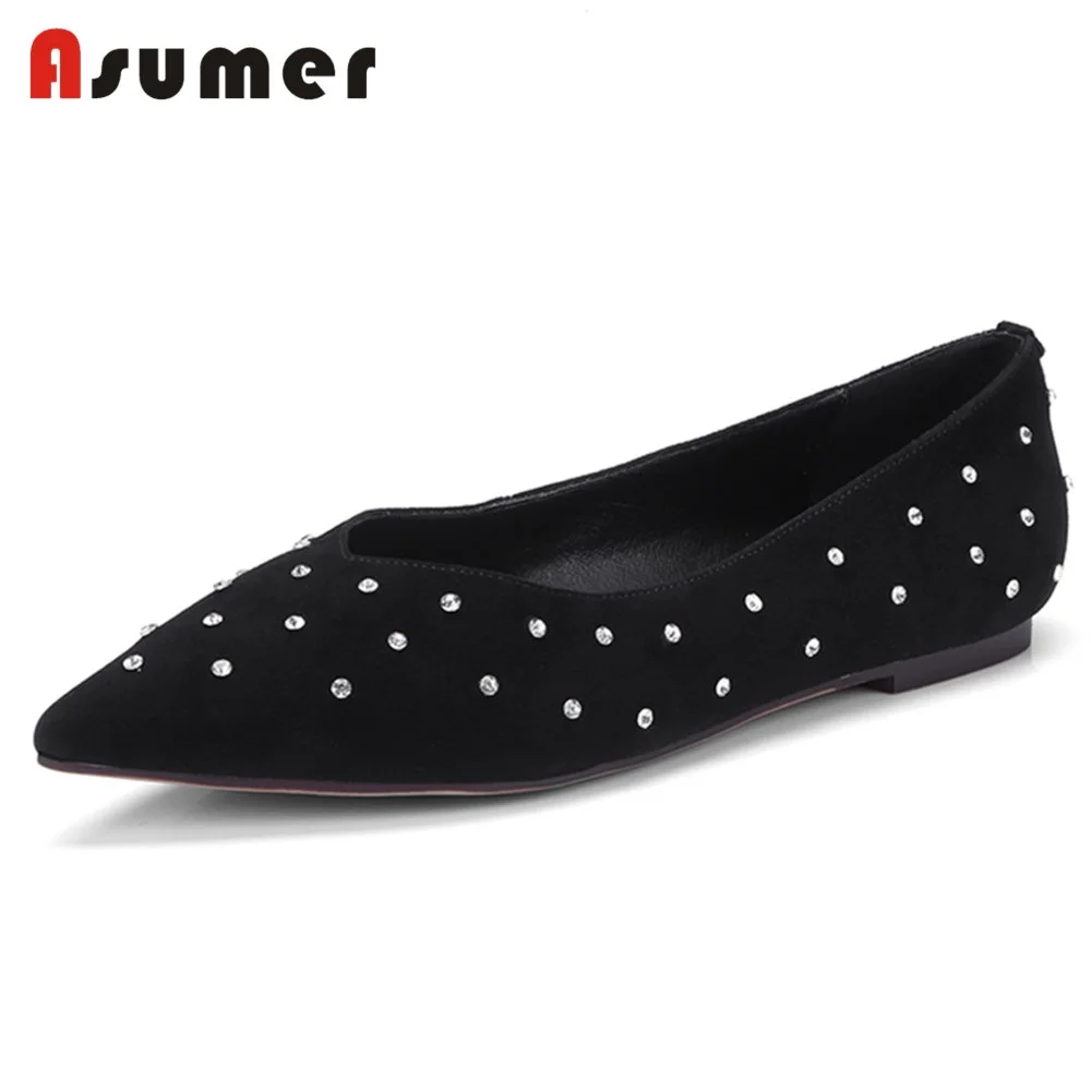 ASUMER 2018 NEW fashion suede leather flats women rhinstone loafers pointed toe shallow summer shoes ladies casual shoes