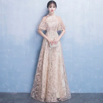 New Champagne Traditional Chinese Dress Qipao Ladies Evening Dresses Vintage Cheongsam Women Bride Long Cheongsam Modern Dress 
New Champagne Traditional Chinese Dress Qipao Ladies Evening Dresses Vintage Cheongsam Women Bride Long Cheongsam Modern Dress