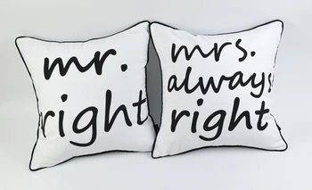 18" * 18" capa de almofada Mr Right and Mrs Always Right White Throw Pillow Case for Wedding Gifts,2 pcs
18" * 18" capa de almofada Mr Right and Mrs Always Right White Throw Pillow Case for Wedding Gifts,2 pcs