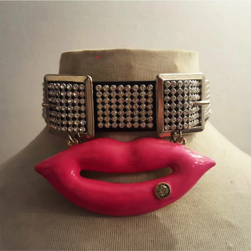 

100% Handcrafted Leather Choker with Red Lip Sexy Crystal Buckle Collar Punk Gothic Red Mouth Necklace