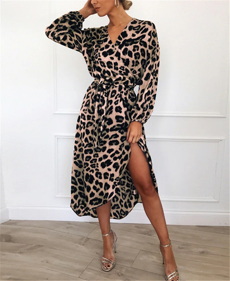 

Women's Long-sleeved Leopard V-neck Lace-up Straight Natural Cotton Dress, Free Shipping, New