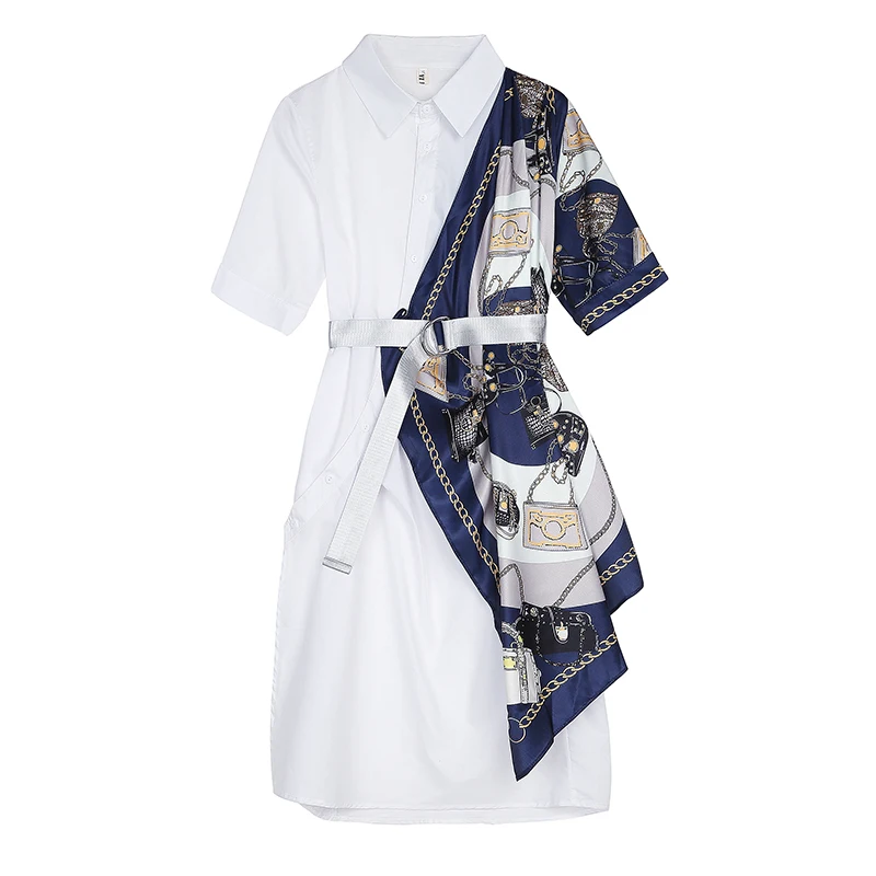 Runway Designer Women Dresses 2019 Summer Vintage Chain Print Silk Scarf Patchwork Short Sleeve Loose Shirt Dress With Belt
Runway Designer Women Dresses 2019 Summer Vintage Chain Print Silk Scarf Patchwork Short Sleeve Loose Shirt Dress With Belt