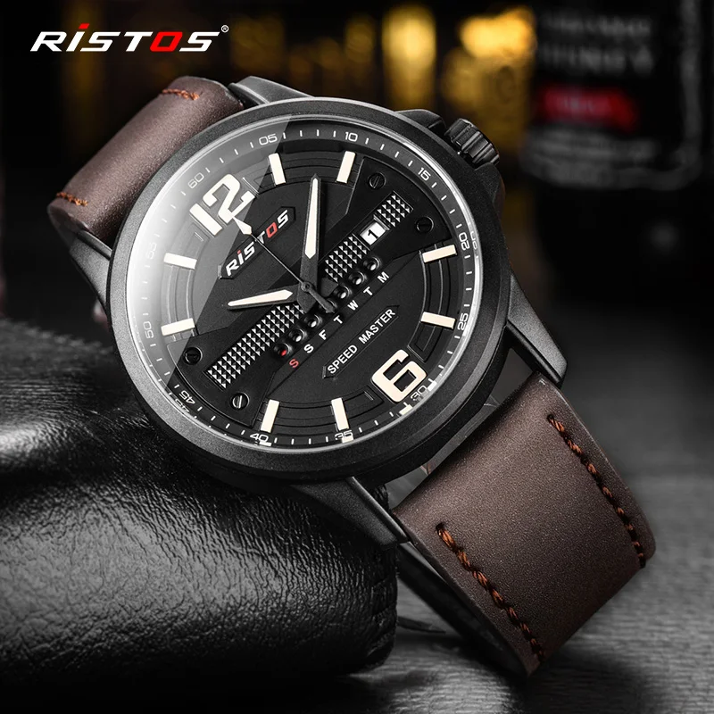 Мужские часы RISTOS модные повседневные кварцевые с дисплеем даты и дня кожаные