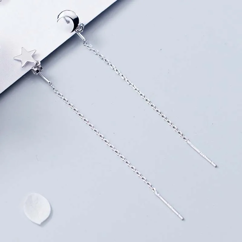 100% 925 Solid Real Sterling Silver Asymmetric Star Moon Drop Earrings Fashion Long Chain Tassel Earrings Ear Line For Girl
100% 925 Solid Real Sterling Silver Asymmetric Star Moon Drop Earrings Fashion Long Chain Tassel Earrings Ear Line For Girl