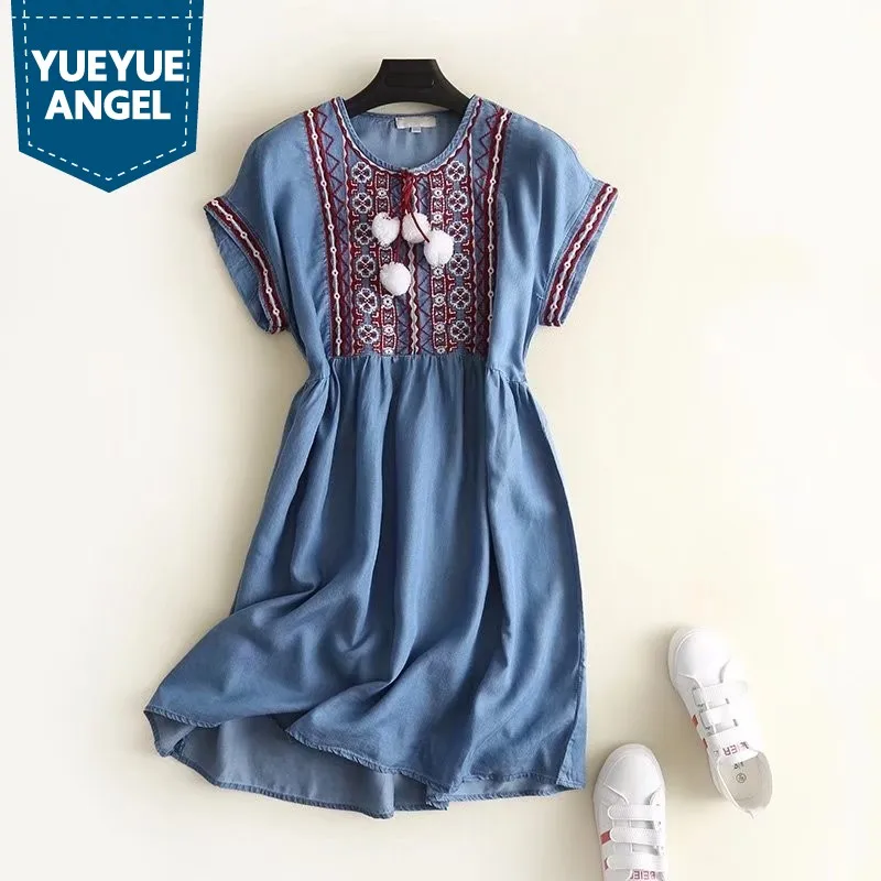 Short Sleeve Floral Embroidery Jeans Dress Female 2019 Summer New O-Neck Casual Cowboy Midi Dress Blue Loose Fit Denim Vestido
Short Sleeve Floral Embroidery Jeans Dress Female 2019 Summer New O-Neck Casual Cowboy Midi Dress Blue Loose Fit Denim Vestido