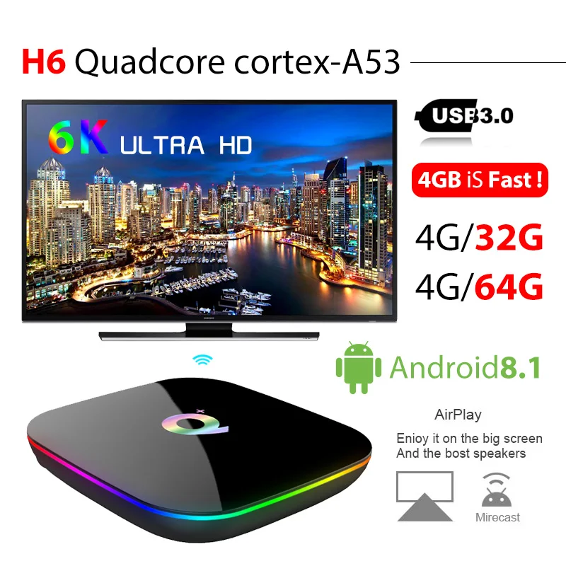 Q PLUS TV BOX 4G32G 4G64G H6 Quadcore Android 8.1 WIFI 2.4G Support Decoder format Smart media player PK T95Q T9
Q PLUS TV BOX 4G32G 4G64G H6 Quadcore Android 8.1 WIFI 2.4G Support Decoder format Smart media player PK T95Q T9