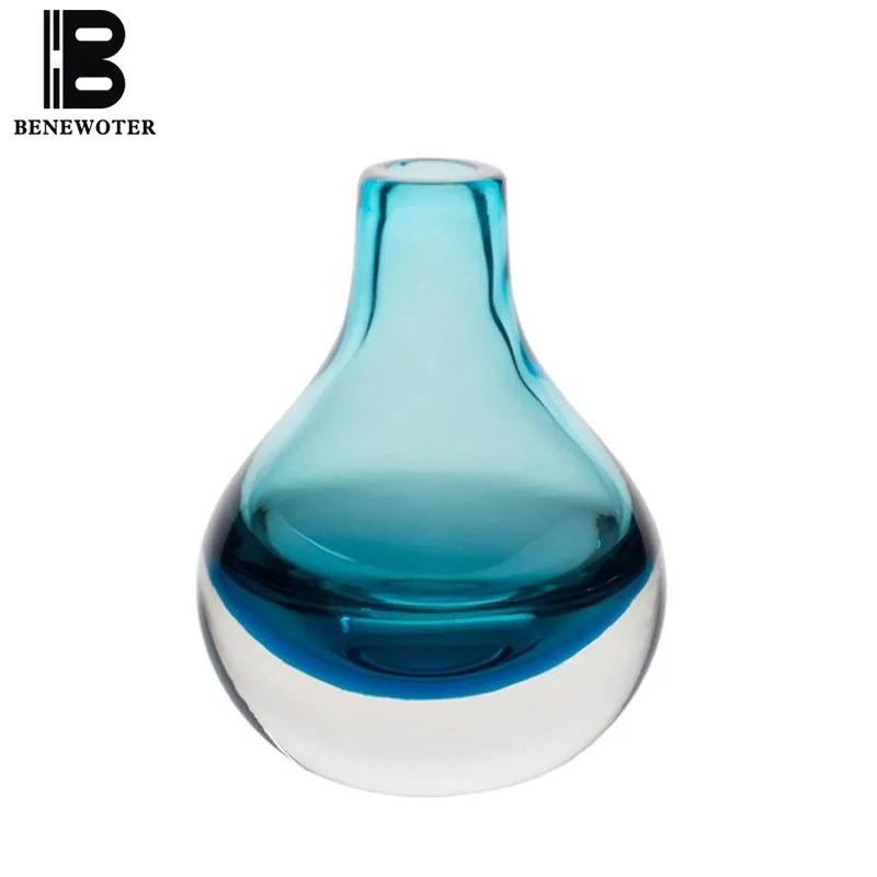 Image BENEWOTER Hand Blown Art Solid Color Glass Bud Vase, Gift Box, Blue,Flowers Pot Hydroponic Small Vase Home Decoration Ornament