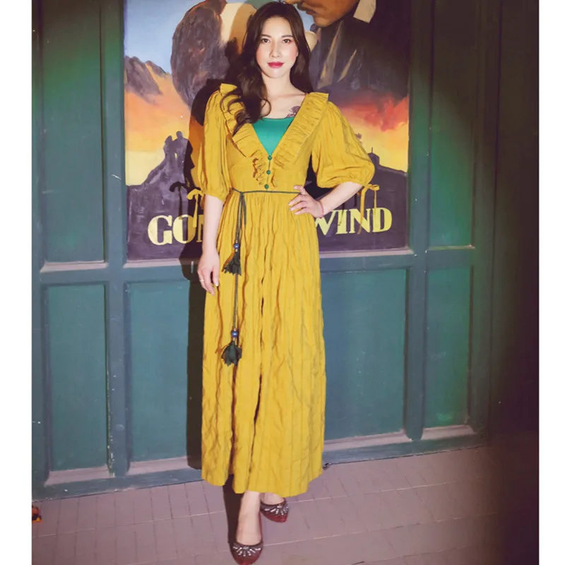 Spring Summer Women Vintage Elegant Slim Cotton Yellow Dress Ladies Retro Sweet Ruffles V-Neck Casual Long Dress vestidos femme
Spring Summer Women Vintage Elegant Slim Cotton Yellow Dress Ladies Retro Sweet Ruffles V-Neck Casual Long Dress vestidos femme