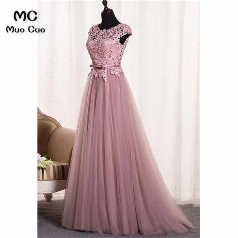 Pink Round Neck Tulle Lace Applique Long Prom Dress, Tulle Evening Dress6