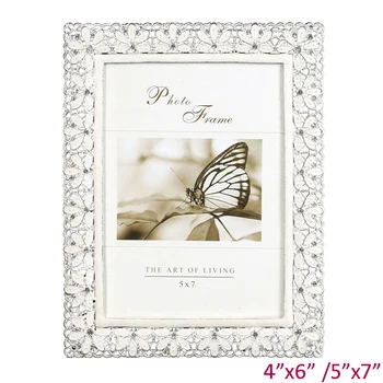 

Wedding Accents Shiny Silver Plating Hollow White Flower with Rhinestones Jeweled Rectangle 4x6,5x7 inch Metal Alloy Photo Frame