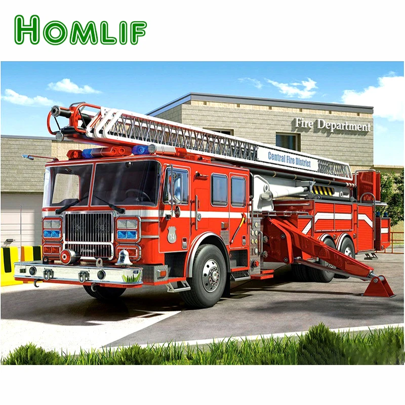 Алмазная 5D картина HOMLIF пожарная машина полноразмерная/круглая вышивка крестиком