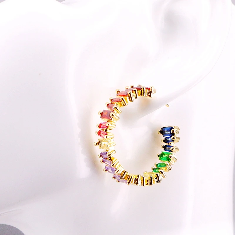 3Pairs 2019 CZ Gold Stud Earrings NEW Trendy Circle Shape Zirconia Rainbow Baguette Fashion Jewelry For Women Girl | Украшения и