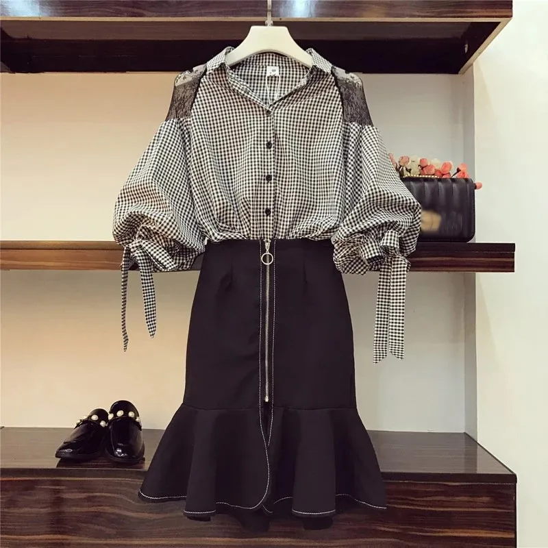 CWBshowGG Large Size Women's 2019 Summer New Suit Female Half Sleeves Plaid Lace Patchwork Shirt + Bodycon Dress Two-Piece Set
CWBshowGG Large Size Women's 2019 Summer New Suit Female Half Sleeves Plaid Lace Patchwork Shirt + Bodycon Dress Two-Piece Set