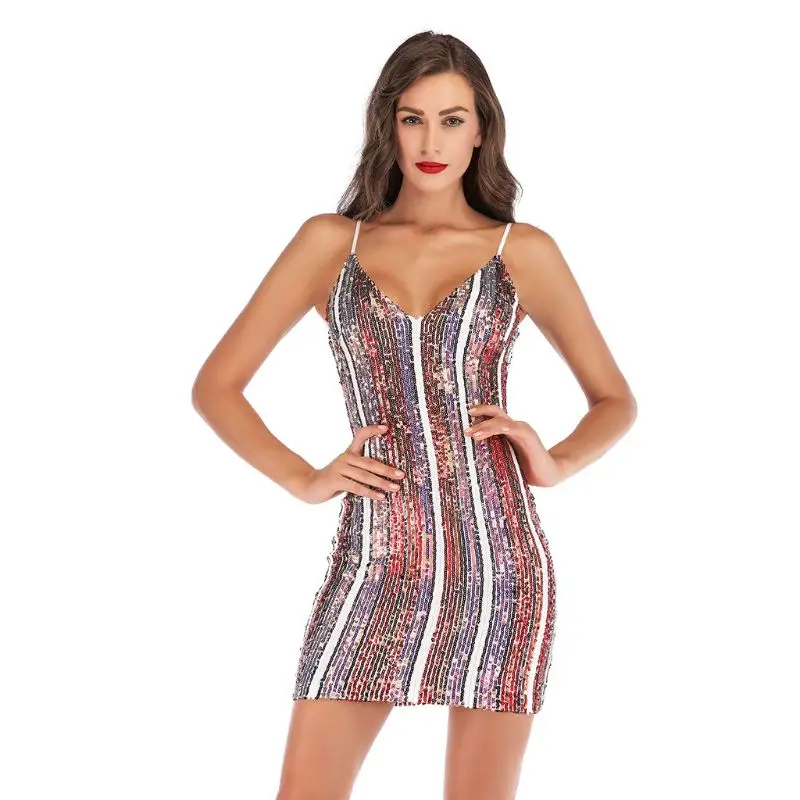 New Women Sleeveless Deep V-Neck Evening Party Mini Bodycon Dress Colorful Glitter Sequins Vertical Stripes Low Cut Back A-Line
New Women Sleeveless Deep V-Neck Evening Party Mini Bodycon Dress Colorful Glitter Sequins Vertical Stripes Low Cut Back A-Line
