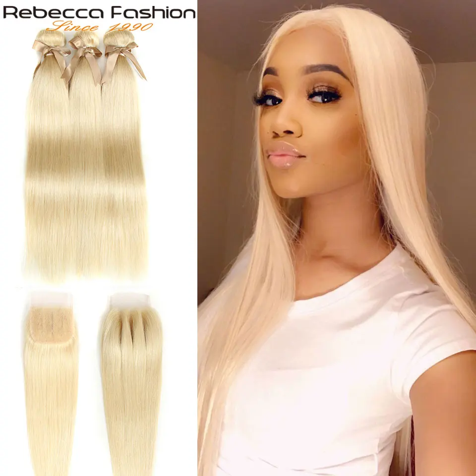 Rebecca Fashion 613 Blonde Bundles With Closure Brazilian Straight 3/4 Hair Extension Remy Human | Шиньоны и парики