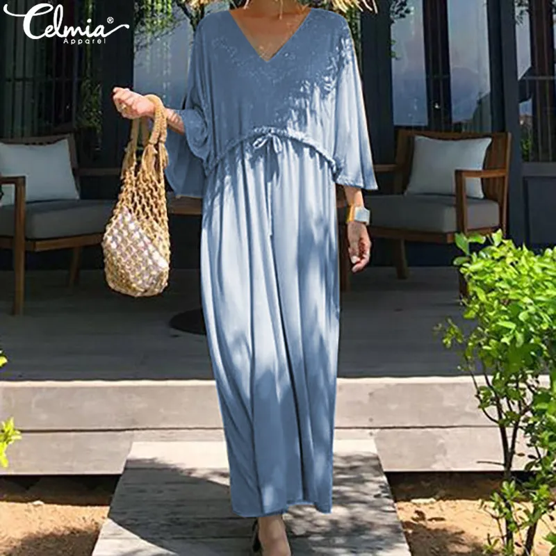 S-5XL Celmia Women Summer Long Dress 2019 V neck Beach Sundress Batwing Sleeve Drawstring Casual Solid Loose Vestidos Robe Femme
S-5XL Celmia Women Summer Long Dress 2019 V neck Beach Sundress Batwing Sleeve Drawstring Casual Solid Loose Vestidos Robe Femme