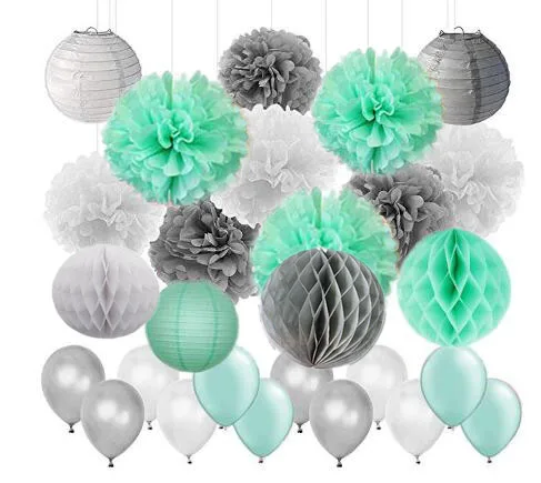 

45pcs/set Mint Green Gray White Tissue Paper Pom Poms Lanterns Paper Honeycomb Balls Wedding Bridal Shower Birthday Decor
