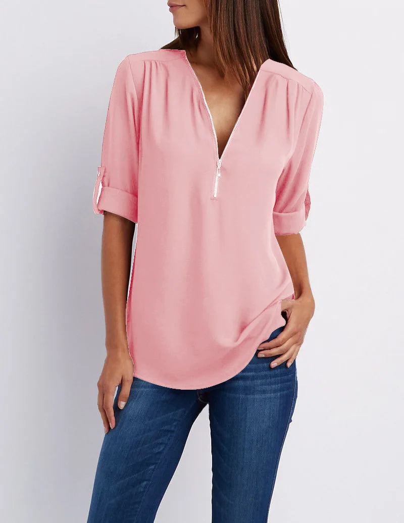 Women Chiffon Shirt Fashion V-neck Zipper Pink White Blouse 17 colors for Female Work Wear Tops Blusas Plus Size S-5XL NS4334
Women Chiffon Shirt Fashion V-neck Zipper Pink White Blouse 17 colors for Female Work Wear Tops Blusas Plus Size S-5XL NS4334