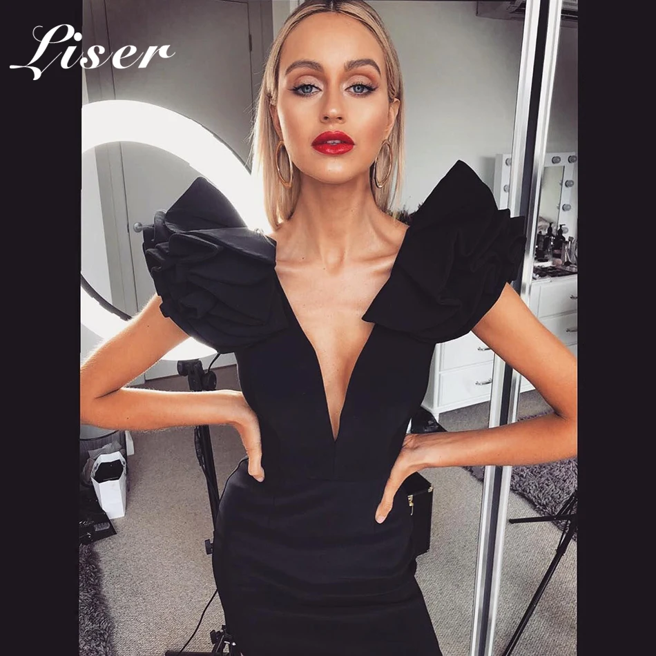 Liser 2019 New Summer Women Dress V Neck Ruffles Sexy Bodycon Elegant Celebrity Party Black Dresses Vestidos Wholesale | Женская одежда