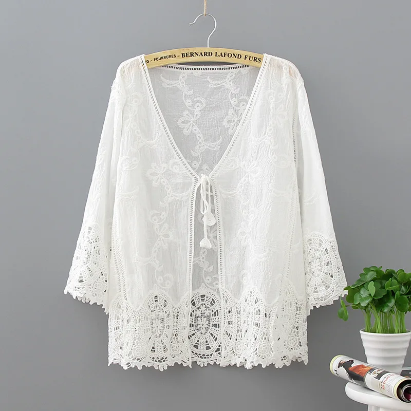 

Lace Up Summer Tops Fashion 2019 Casual Loose Beach Kimono Cardigan Patchwork Crochet Lace Embroidery White Blouse Women Kimonos