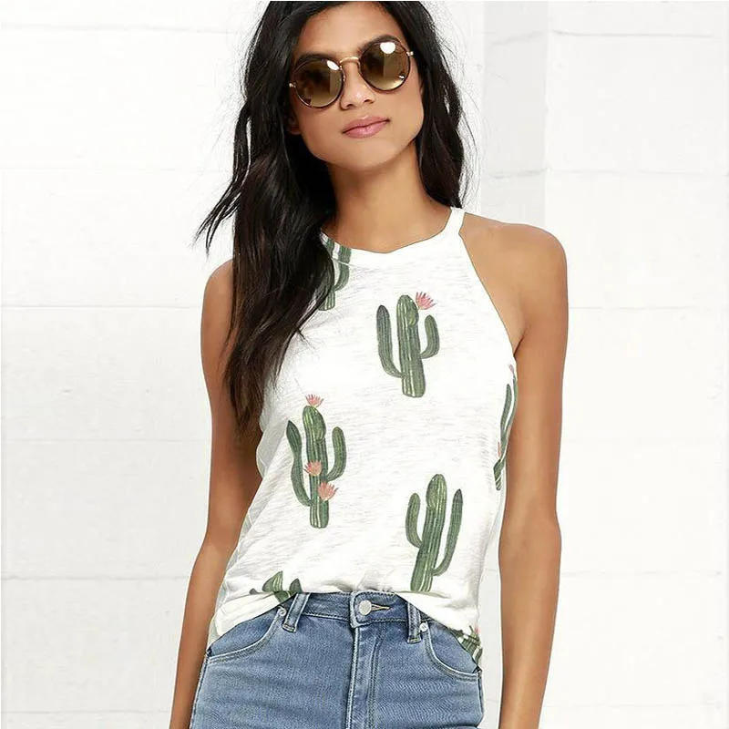 Женская футболка без рукавов с зеленым растением и КАКТУСОМ летняя пляжная
