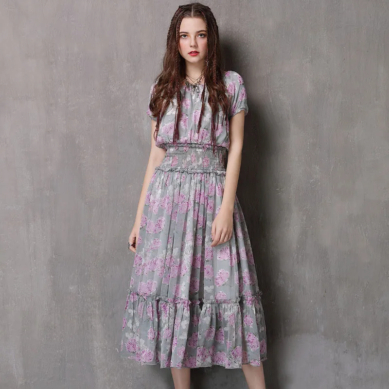 Comfortable Korean spring summer word collar print ladies clothes loose ruffled chiffon elastic waist large swing dress women 
Comfortable Korean spring summer word collar print ladies clothes loose ruffled chiffon elastic waist large swing dress women