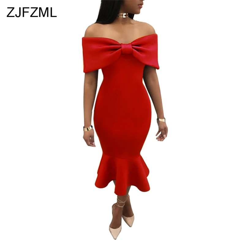 

ZJFZML 2018 Bow Design Sexy Bodycon Dress Women Slash Neck Backless Ruffle Dress Elegant Solid Cold Shoulder Party Club Vestido