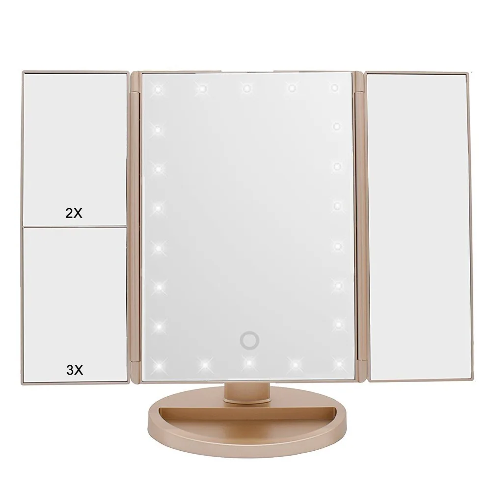 Gold LED Make up Mirror trifold 3X 2X 1X Magnifying Mirrors with Touch Screen and 180 Adjustable Stand Vanity Mirror
Gold LED Make up Mirror trifold 3X 2X 1X Magnifying Mirrors with Touch Screen and 180 Adjustable Stand Vanity Mirror
