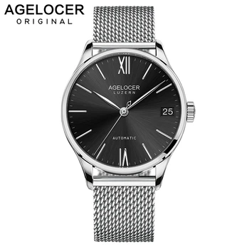 

AGELOCER Top Luxury Swiss Brand Men Stainless Steel Mesh Automatic Black Watches Men's Date Clock Wrist Watch relogio masculino