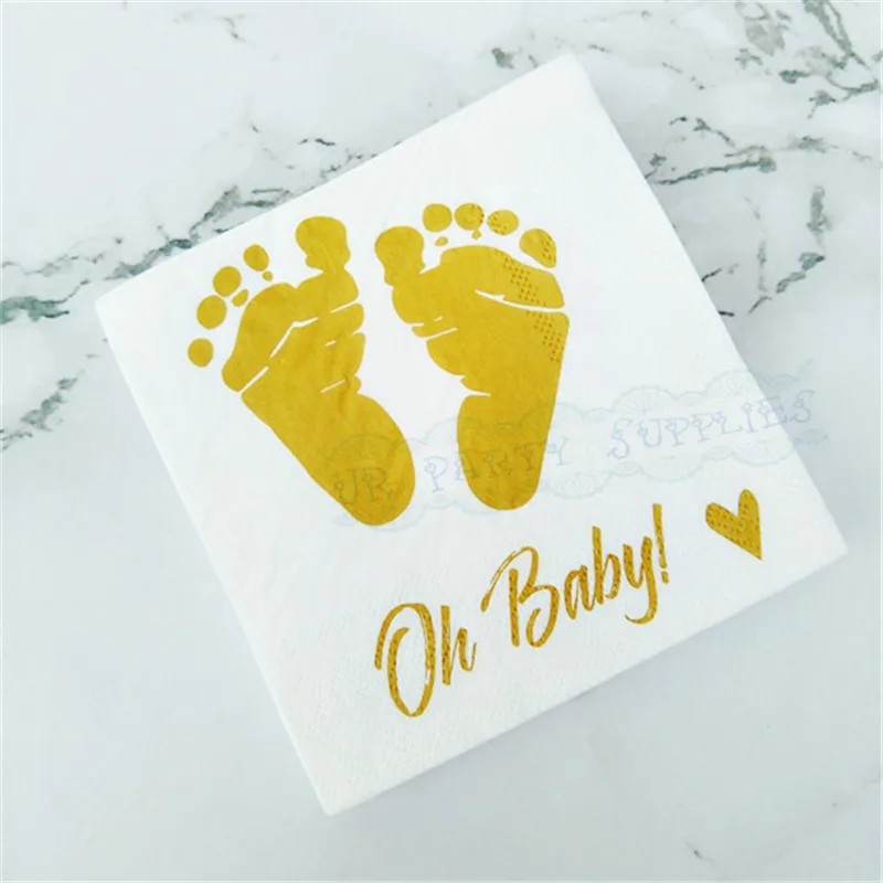 

120pcs Metallic Gold Printed Cocktail Beverage Napkins Oh Baby Footprinted Tissue Paper Napkin for Baby Shower Gender Reveal