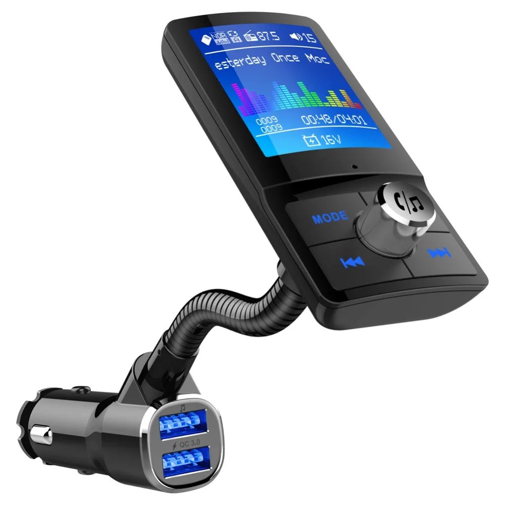 

Konrisa Bluetooth FM Transmitter Aux Output 1.77" Large Screen Handsfree Car Kit MP3 Player QC3.0 Dual USB Port Support TF Card