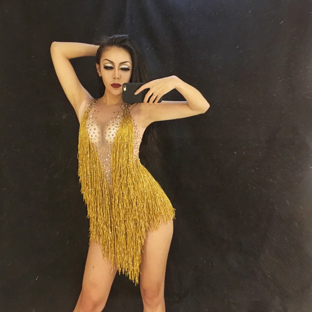 Sexy Gold Tassel Sparkly Full Rhinestones Bodysuit Bar Female Singer Stage Wear Nightclub Prom Bright Costume One-piece Outfit
Sexy Gold Tassel Sparkly Full Rhinestones Bodysuit Bar Female Singer Stage Wear Nightclub Prom Bright Costume One-piece Outfit