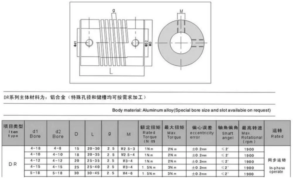 Description Picture 2 of item6.35x6.35 D18L25 DR Series Aluminium Flexible Coupling Shaft  Coupler Encoder CNC Stepper Motor