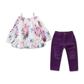 Baby Clothes Girls Clothing Set Litter Girl Off Shoulder Flower Print Tops+purple Broken Hole Pants 2pcs Kids Fashion Outfits
Baby Clothes Girls Clothing Set Litter Girl Off Shoulder Flower Print Tops+purple Broken Hole Pants 2pcs Kids Fashion Outfits